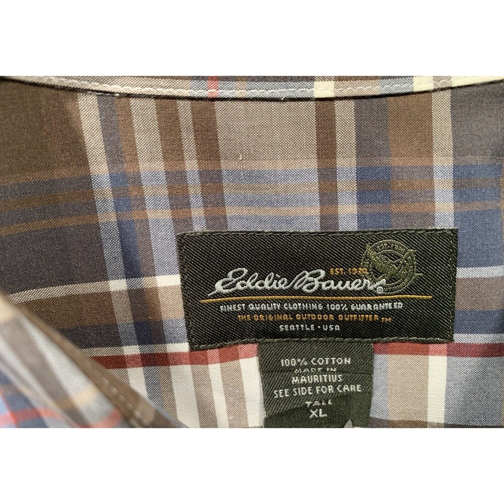 Eddie Bauer XL TALL 100% Cotton Brown/Blue/Red Plaid Button Up Shirt 18-32